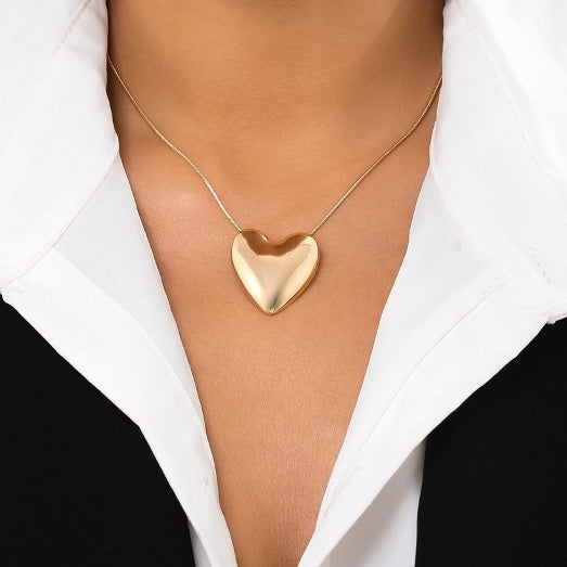 Gold Puffy Heart Pendant and Gold Filled Necklace Puffed 