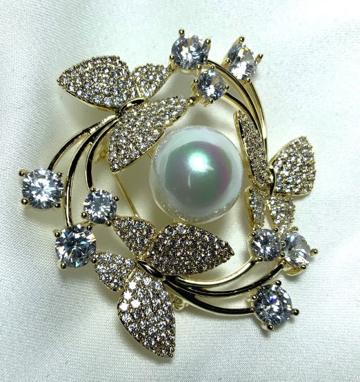Brosche Schmetterlinge Perle Gold Farbe Zirkonia