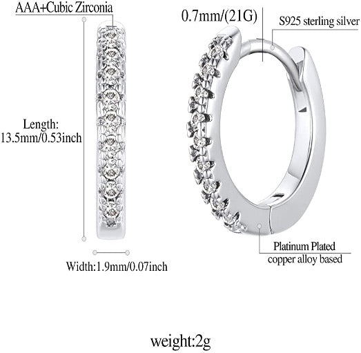earrings circle white gold plated silver S925 with cubic Zirconia measurement