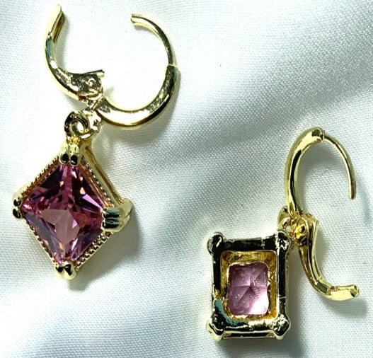 Earrings Small Gold Color Pink Zirconia