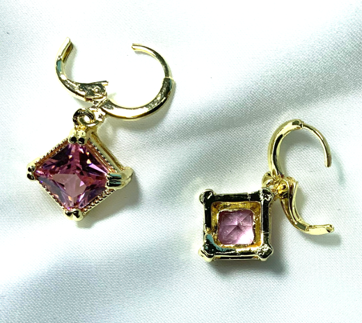 Earrings Small Gold Color Pink Zirconia