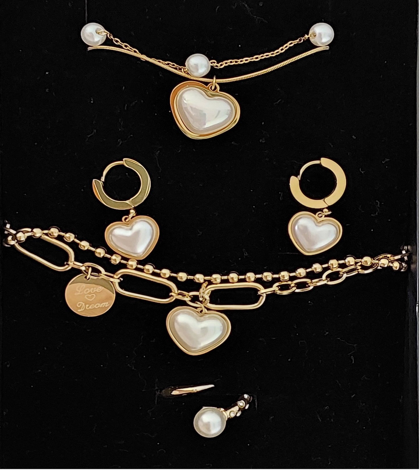 Great Gift Jewelry Set 4 pieces Bracelet Double Layered Necklace Earrings Ring Pearl Heart Love Shape Gold Colour