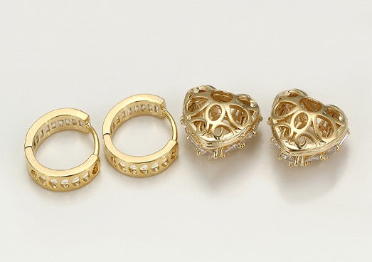 Heart Shape Earrings Gold Color Cubic Zirconia 2 pieces Set
