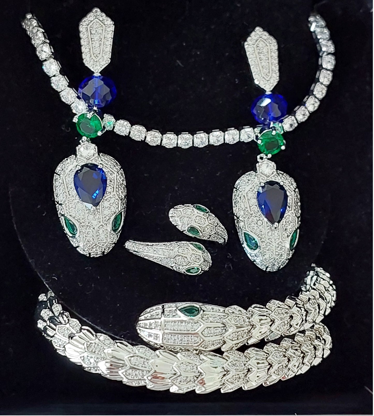 Jewellery Set 4pieces Bracelet Necklace Earrings Ring White Gold Color Zircon Blue Green Stones Gift Box