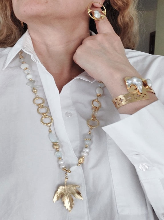 Conjunto de joyería Collar Pulsera Pendientes Piedras preciosas hechas a mano Cristal de cuarzo blanco Perla 3 piezas Gran regalo para mujer