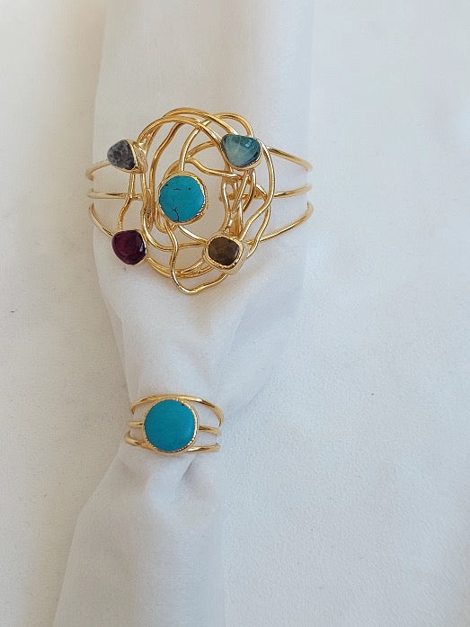 Conjunto de joyería Collar Pulsera Anillo Piedras preciosas hechas a mano Multicolor Cristal de cuarzo Turquesa 3 piezas Gran regalo para mujer