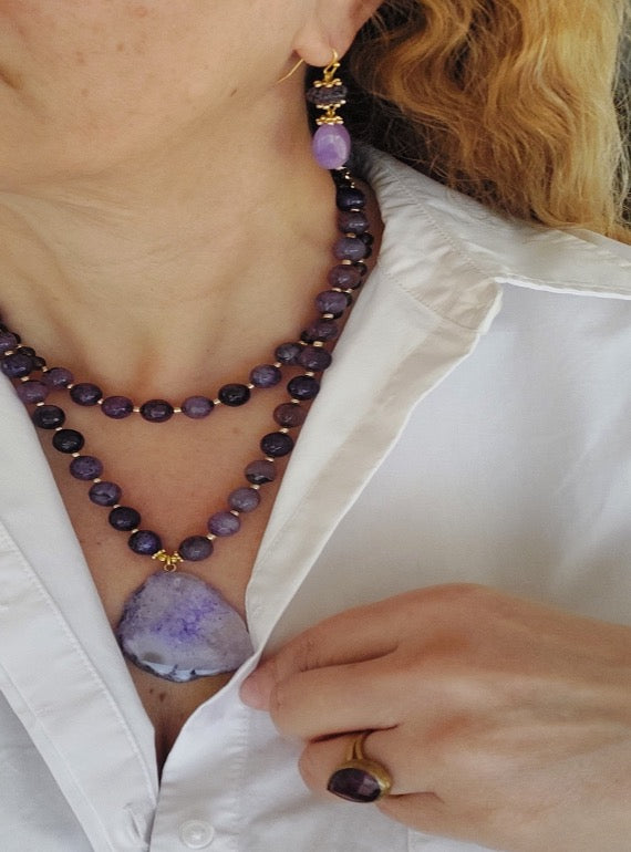 Jewelry Set Necklace Earrings Ring 3 pieces Handmade Gemstones Purple Chariote Amethyst Great Gift for Woman