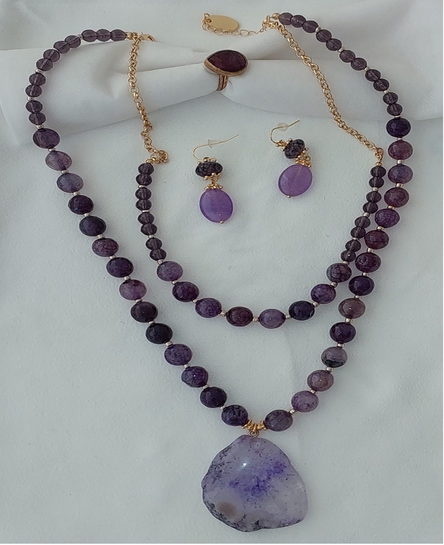 Jewelry Set Necklace Earrings Ring 3 pieces Handmade Gemstones Purple Chariote Amethyst Great Gift for Woman