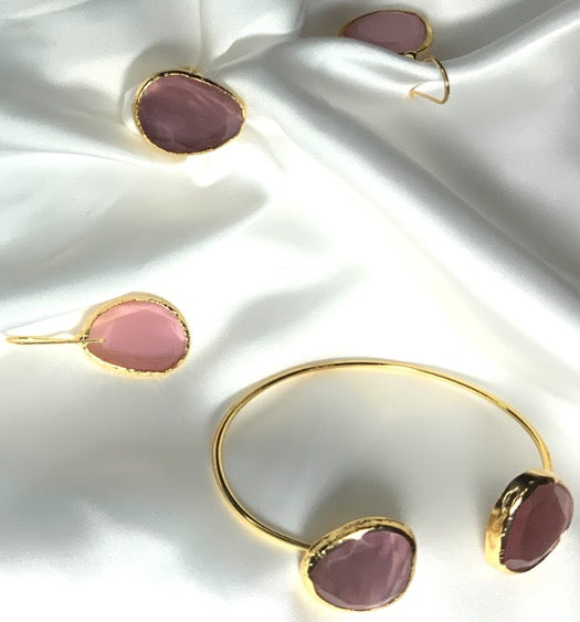 Jewelry Set Cuff Ring Earrings Rose Quartz Gold Color