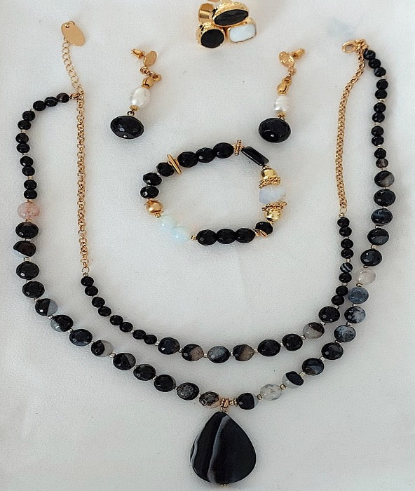 Vintage Brass Real Stone Statement Necklace sale And Bracelet Set Agate Onyx