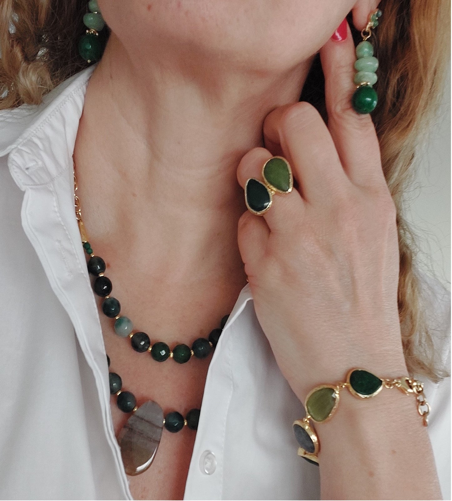 Conjunto de Joyas Collar y Anillo hecho a mano Piedras Preciosas Ágata Verde Malaquita Gran Regalo para Mujer