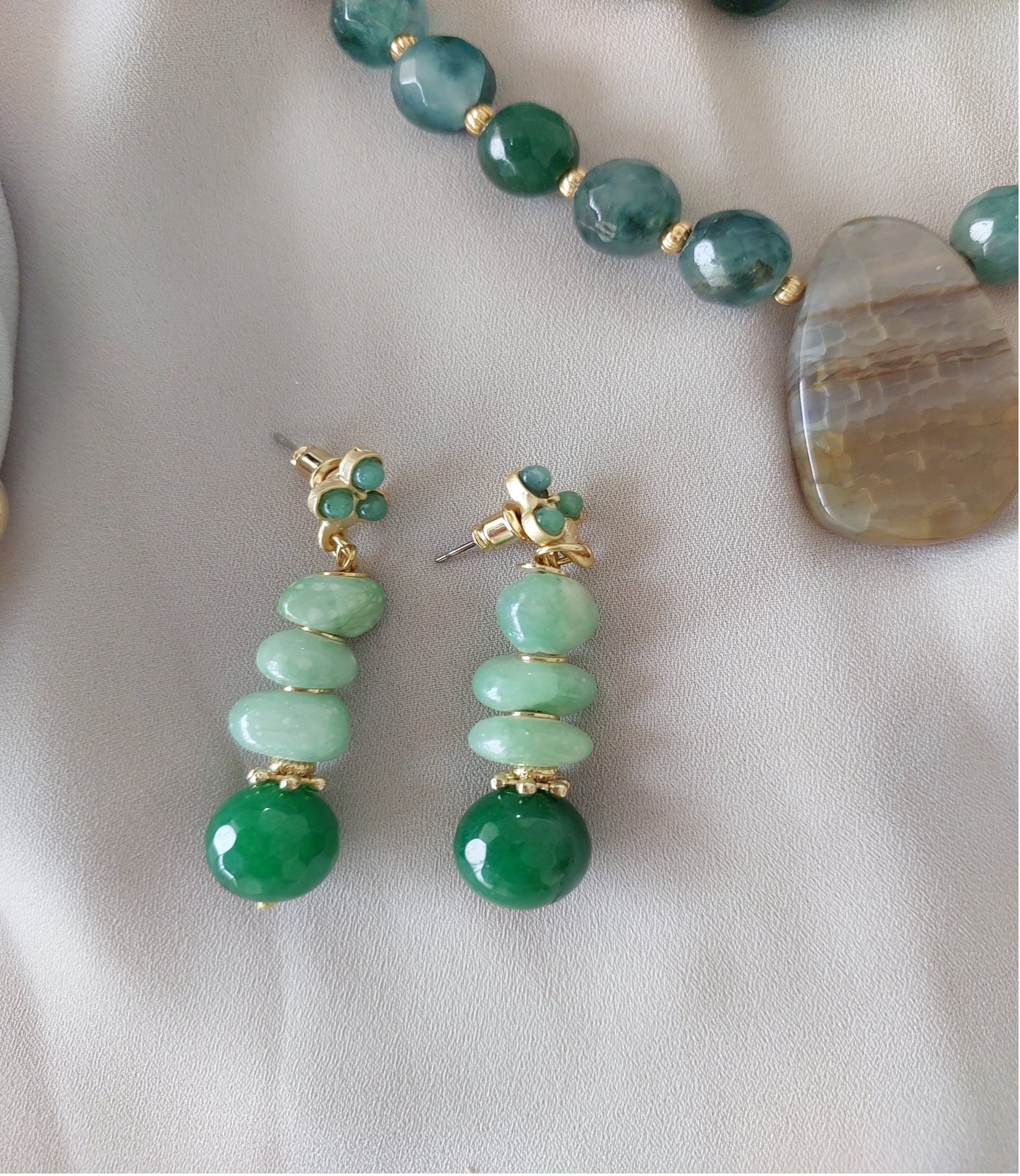 Conjunto de Joyas Collar y Anillo hecho a mano Piedras Preciosas Ágata Verde Malaquita Gran Regalo para Mujer