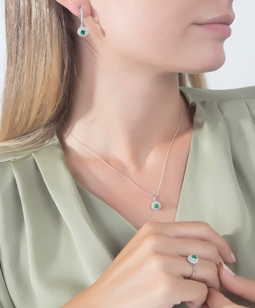 Jewelry Set Emerald Necklace Ring Earrings Silver S925 Green Color Zircon