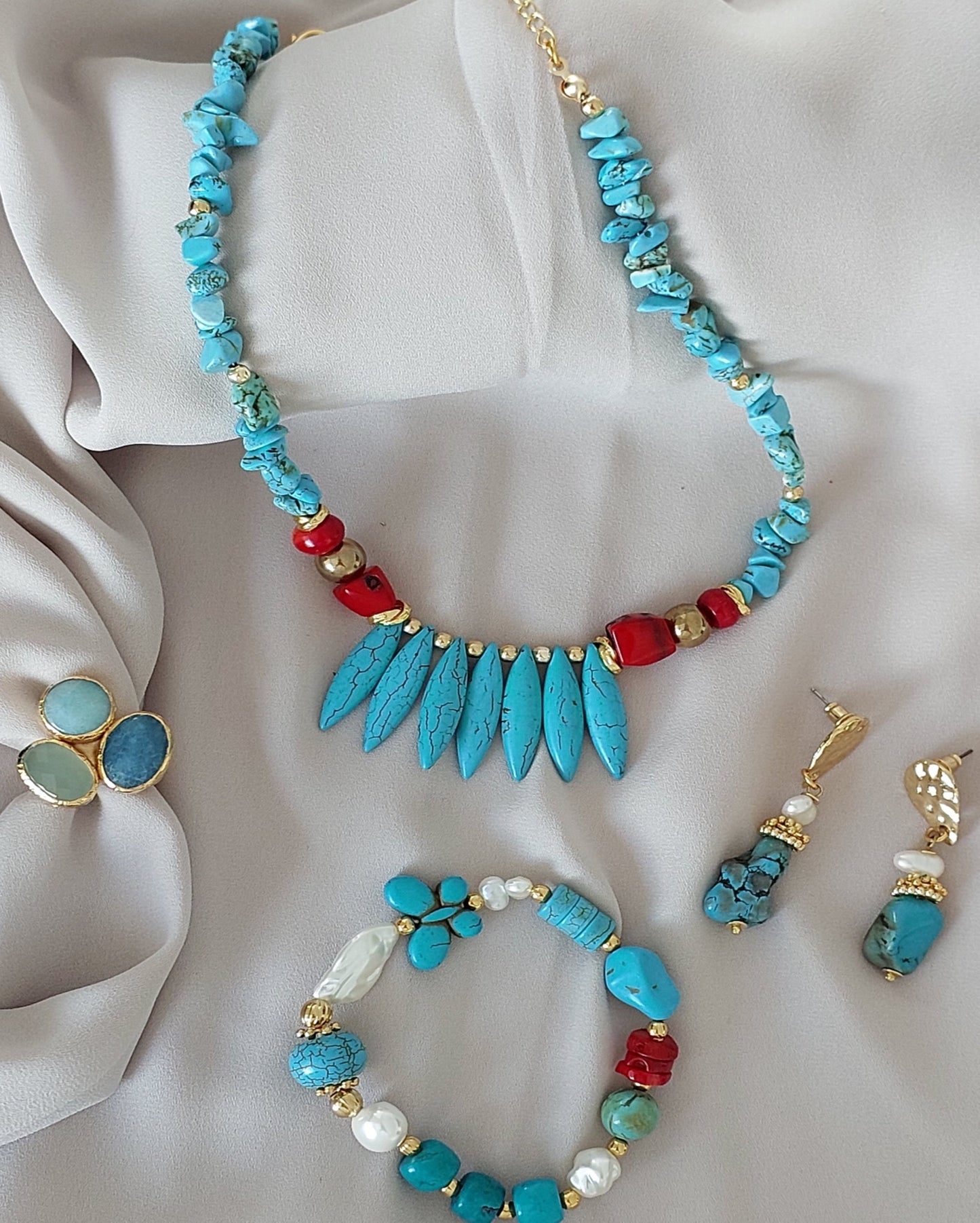 Jewelry Set Necklace Bracelet Ring Earrings Handmade Gemstones Turquoise and Red Beads Multi-size Stones Great for Gifts 4 pieces