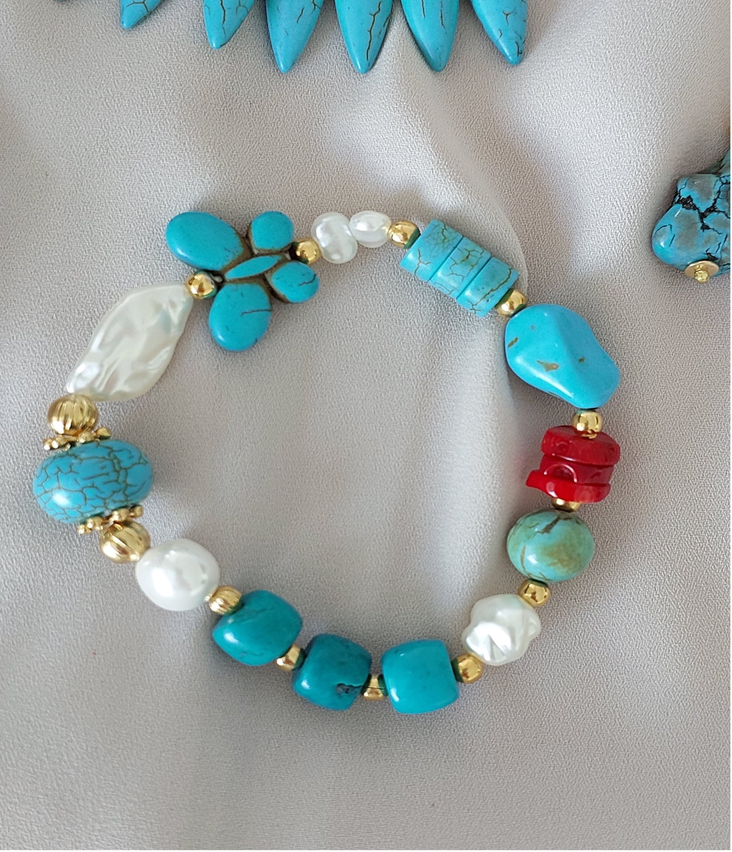 Jewelry Set Necklace Bracelet Ring Earrings Handmade Gemstones Turquoise and Red Beads Multi-size Stones Great for Gifts 4 pieces