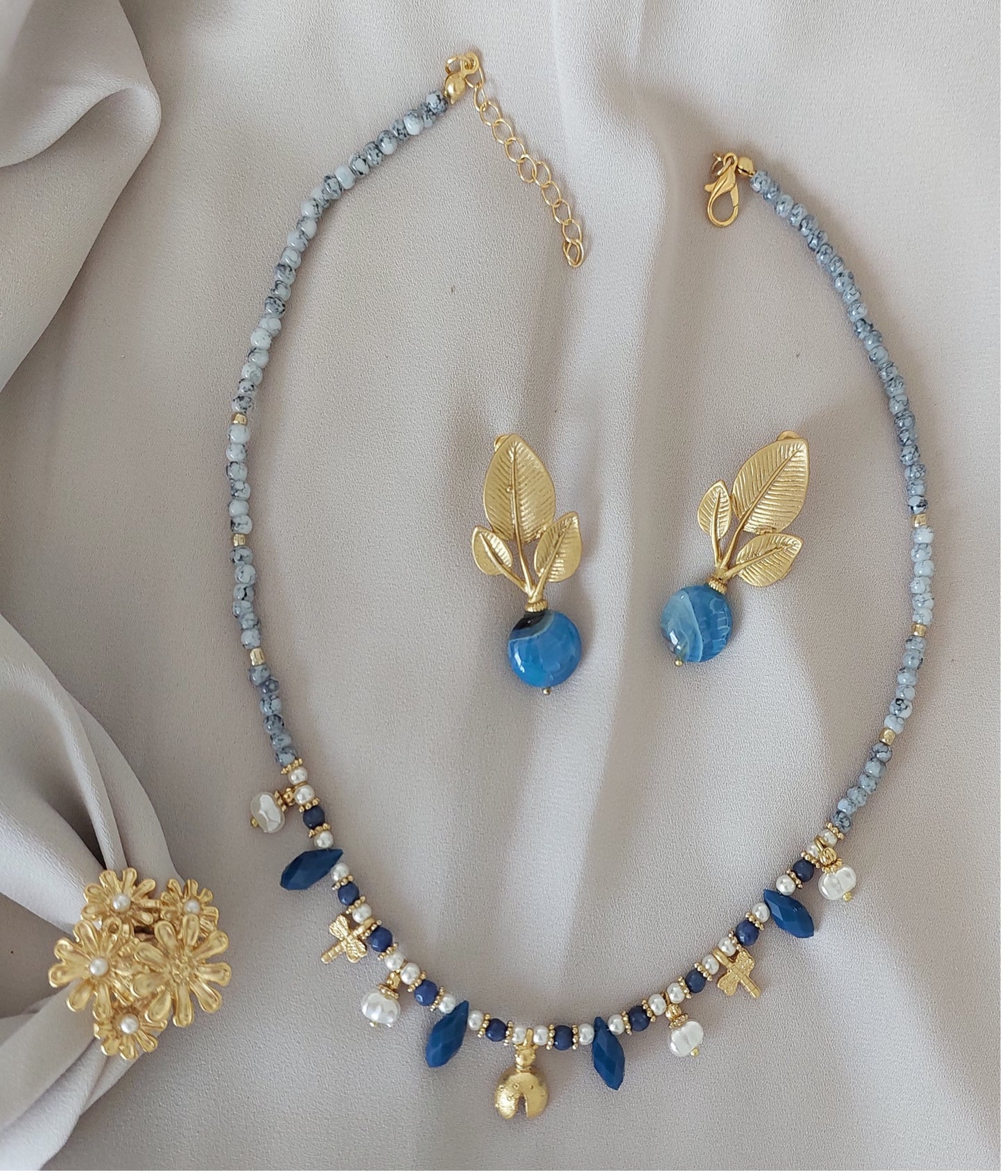 Schmuckset Halskette Ohrringe 2 Stück handgefertigte Edelsteine ​​Türkis Amazonit Blau Perlen Gold Anhänger Tolles Geschenk für die Frau