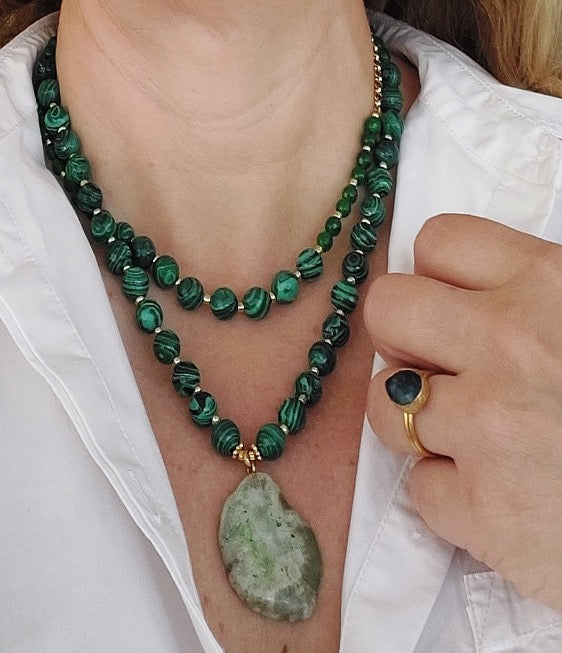 Jewelry Set Necklace and Ring handmade Gemstones Green Agate Malachite Great Gift for Woman