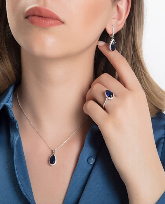 Jewelry Set Sapphire Blue Necklace Ring Earrings Silver S925 Zircon