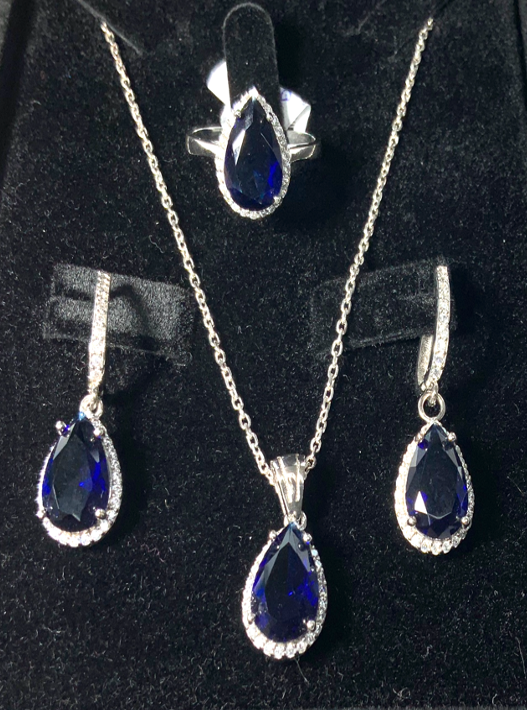 Schmuckset Saphir Blau Collier Ring Silber Collection Linas Ohrringe Zirkon – S925