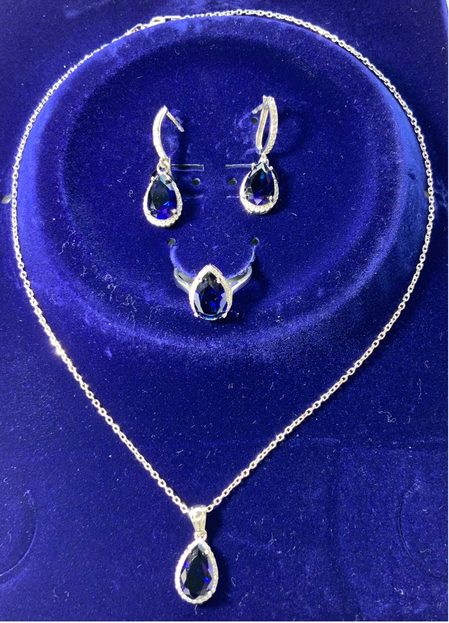 Schmuckset Saphir Blau Collier Ring Ohrringe Silber S925 Zirkon