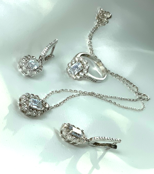 Schmuckset Weiße Farbe Zirkon Halskette Ring Ohrringe Silber S925