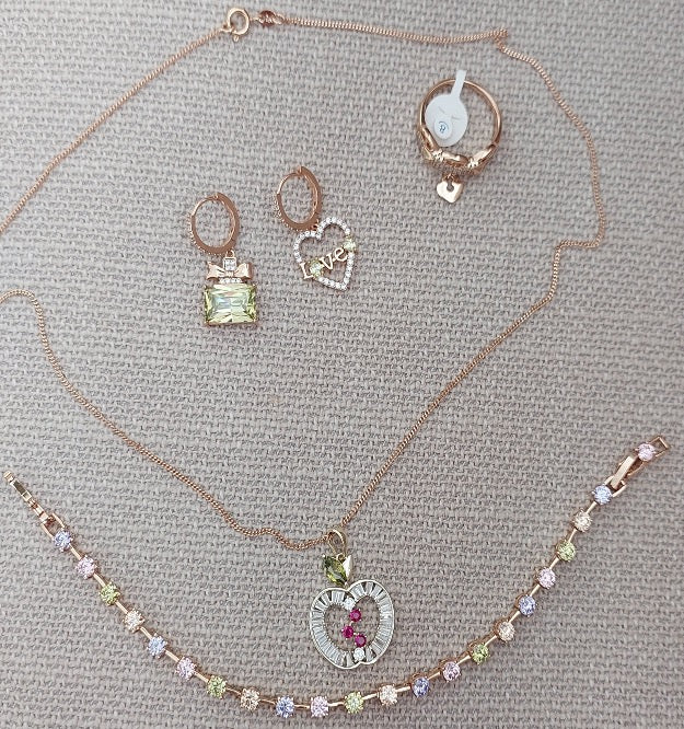 Great Gift Woman Jewelry set 4 PCS Necklace Earrings Bracelet Ring Love Heart Yellow Zircon Diamond