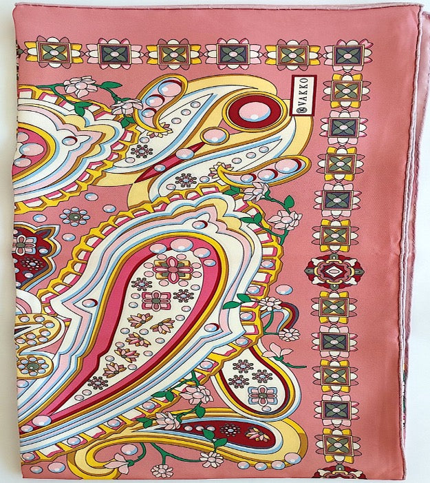 Woman 100% Silk Scarf Geometric design Pink and Yellow Hand rolled edges Designer Style Great Gift for Her in a box