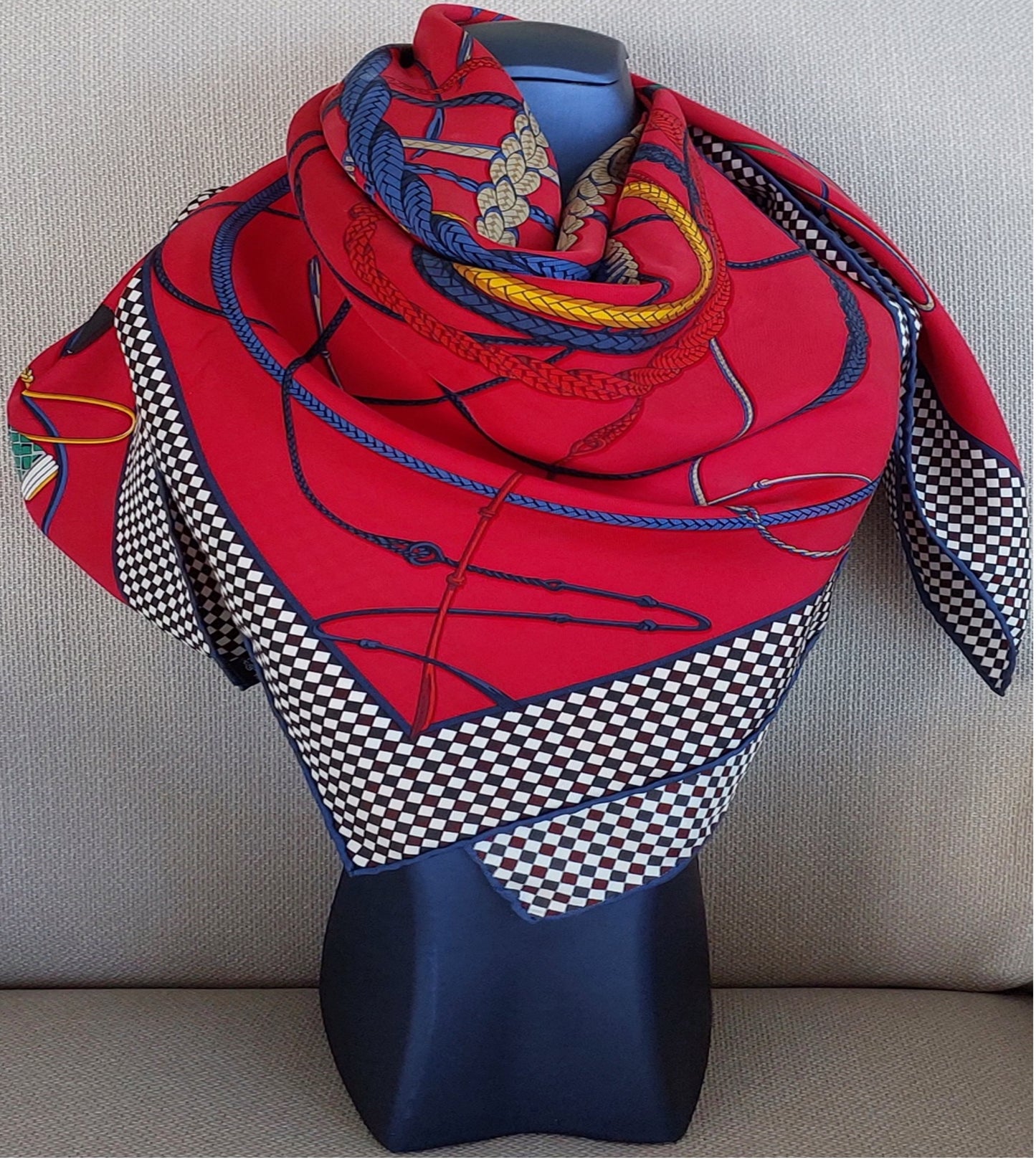 Woman 100% Silk Vintage Rare Pre-Owned Pre-used “FOUETS et BADINES” Hermès in Red and Blue Colors