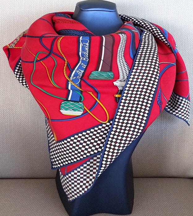 Woman 100% Silk Vintage Rare Pre-Owned Pre-used “FOUETS et BADINES” Hermès in Red and Blue Colors