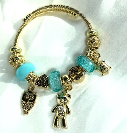 Frauen-Charme-Armband-Goldfarben-Schildkröten-Bären-Aqua-Perlen-justierbares Armband