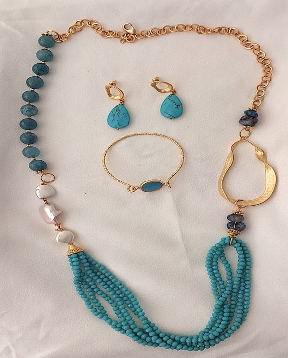 Conjunto de joyería Collar Pendientes Pulsera 3 piezas Piedras preciosas hechas a mano Apatito Turquesa Amazonita Perla Ideal para regalos