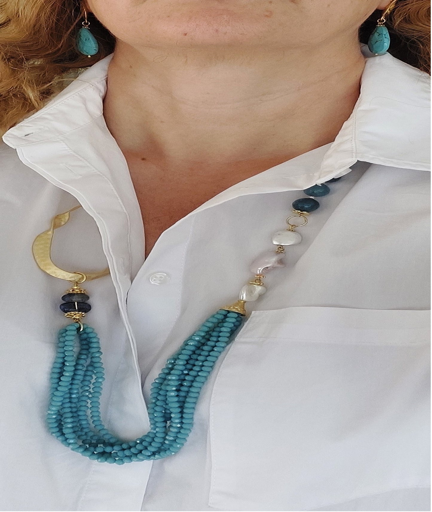 Conjunto de joyería Collar Pendientes Pulsera 3 piezas Piedras preciosas hechas a mano Apatito Turquesa Amazonita Perla Ideal para regalos