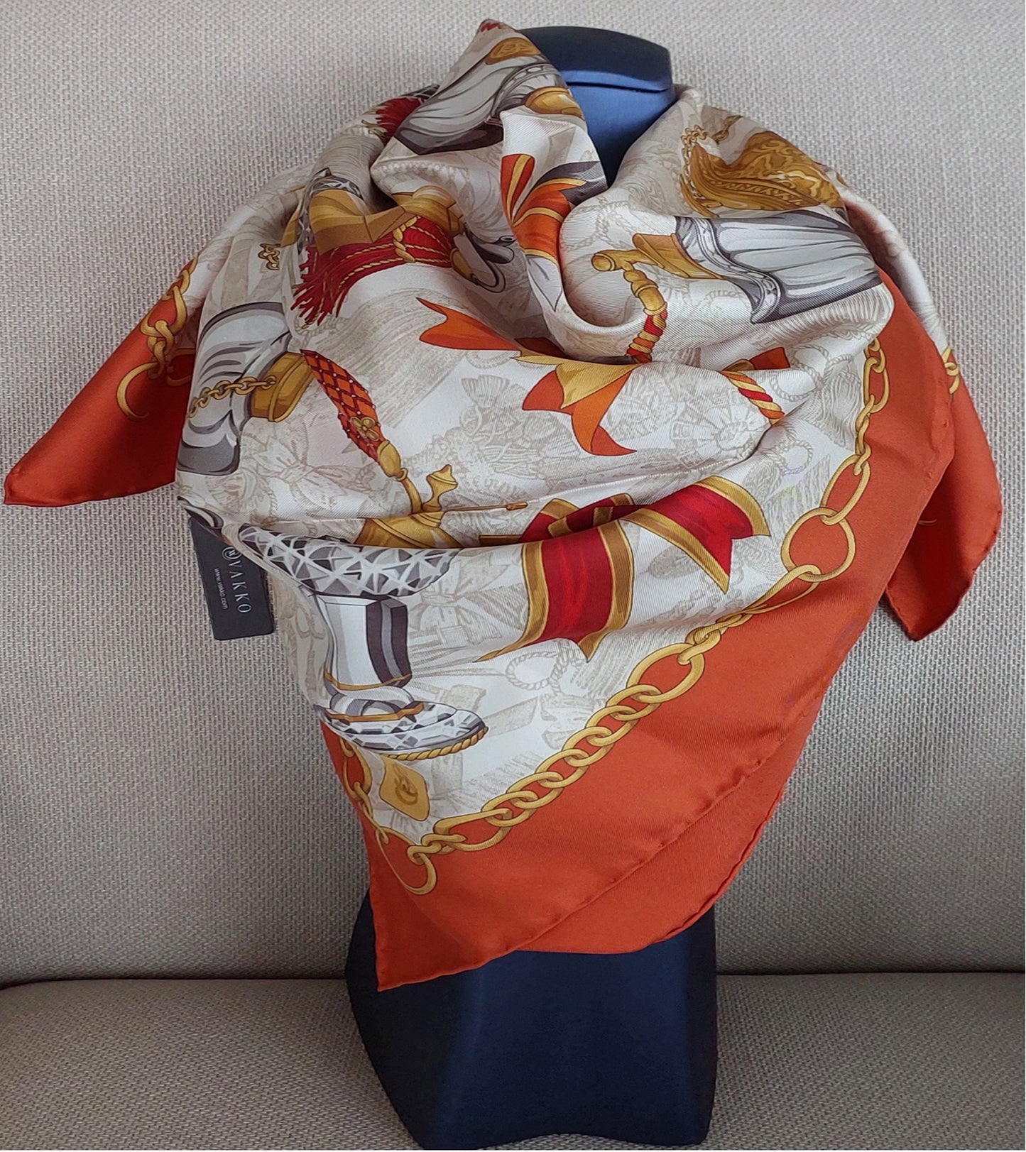 Woman Scarf 100% Silk 90 x 90 “The Perfume Bottles” Design Red Yellow Bronze Colors Hand rolled Stitch Great Valentine's Gift for Her