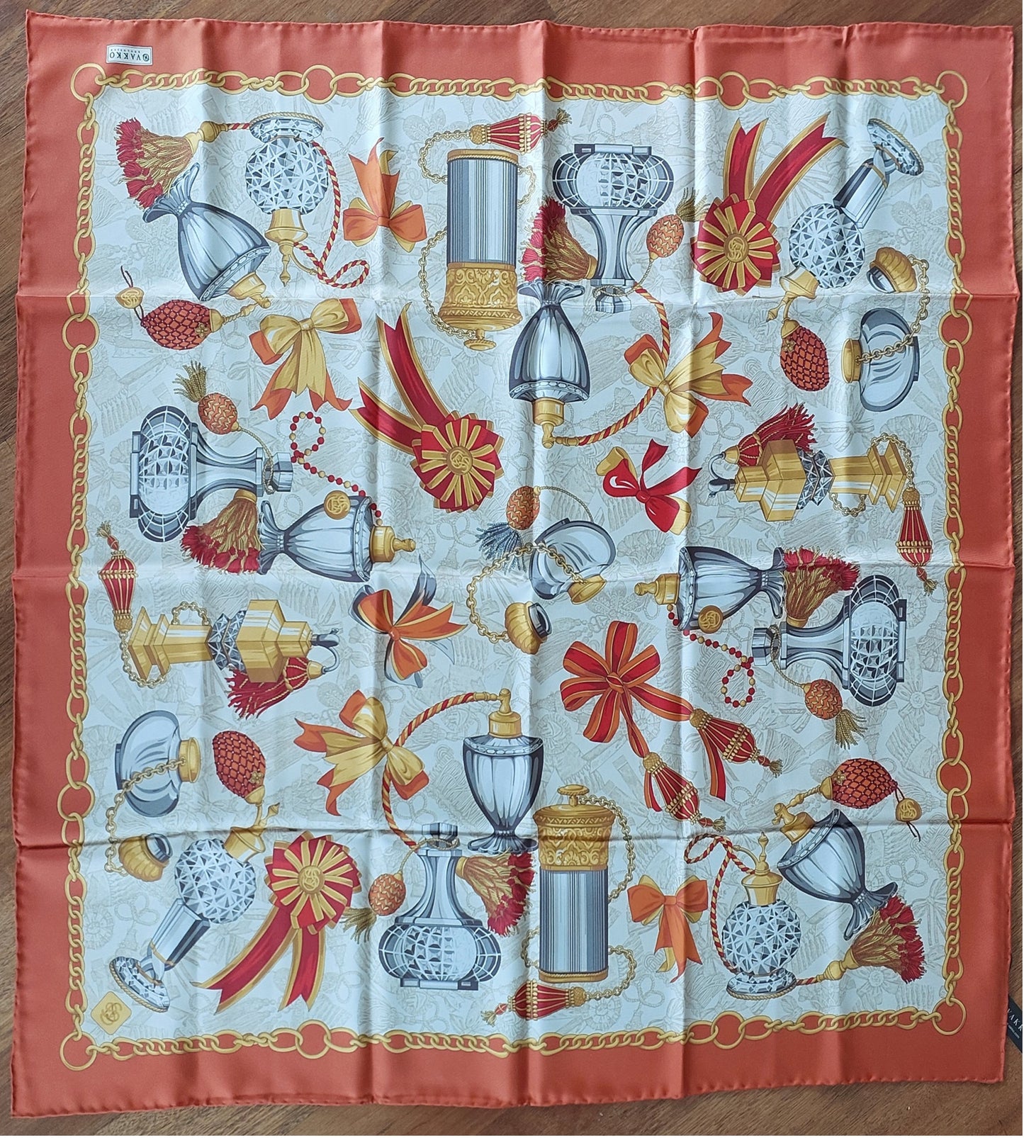 Woman Scarf 100% Silk 90 x 90 “The Perfume Bottles” Design Red Yellow Bronze Colors Hand rolled Stitch Great Valentine's Gift for Her