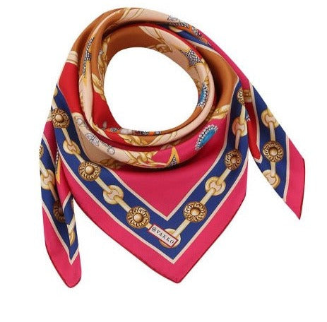 Woman Scarf 100% Silk Twill 90x90 “Stars Diamonds Chains” Design Red Cream Fuschia Colors Hand-rolled Hermès style Great Gift for Her