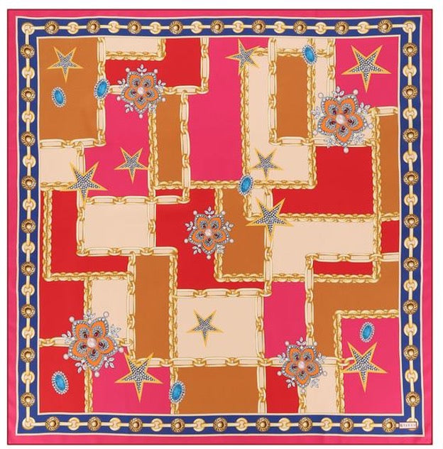 Woman Scarf 100% Silk Twill 90x90 “Stars Diamonds Chains” Design Red Cream Fuschia Colors Hand-rolled Hermès style Great Gift for Her