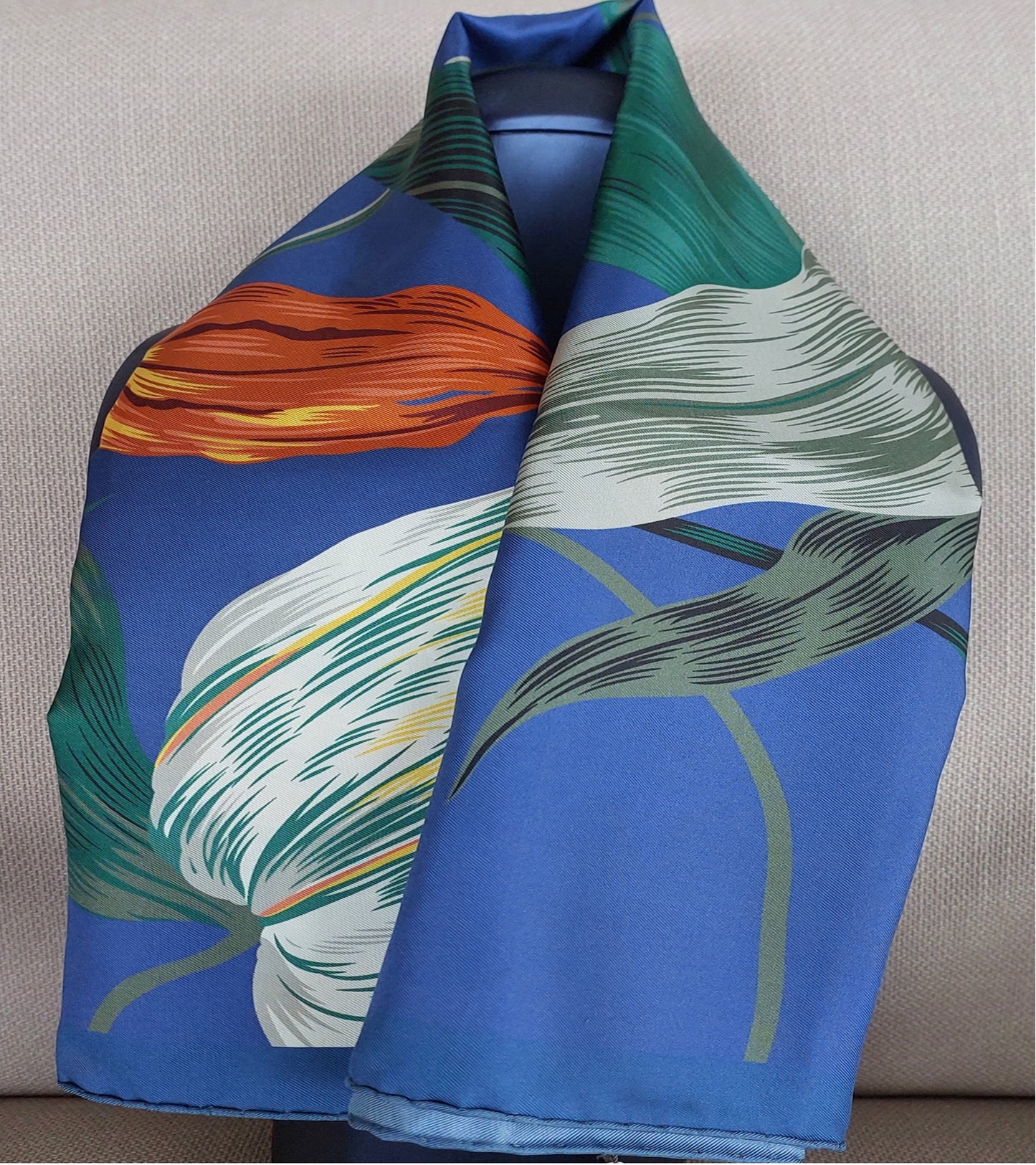 Woman Scarf 100% Silk Twill 90x90 Big Flowers Design Blue Green Colors Hand-rolled Great Gift for Her