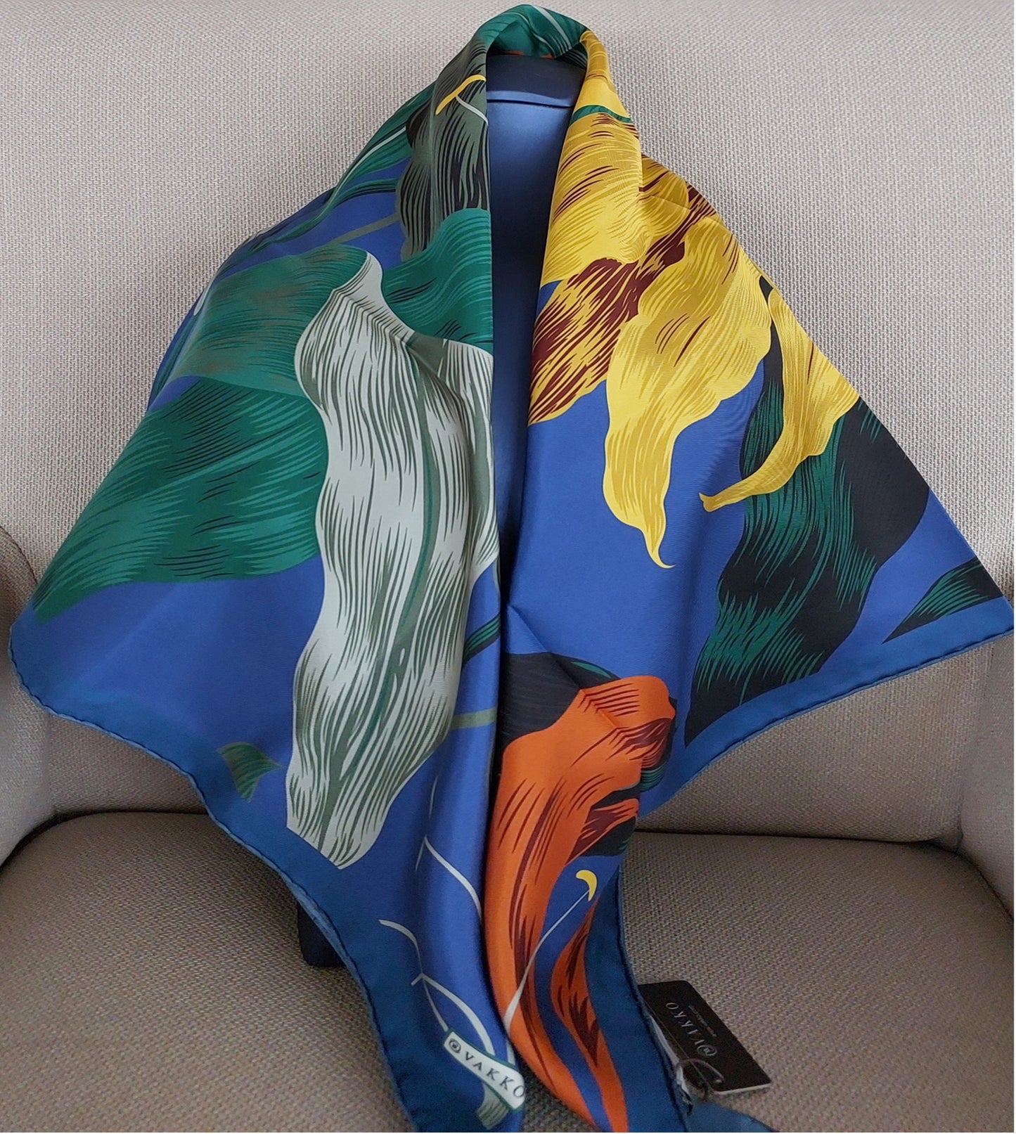 Woman Scarf 100% Silk Twill 90x90 Big Flowers Design Blue Green Colors Hand-rolled Great Gift for Her