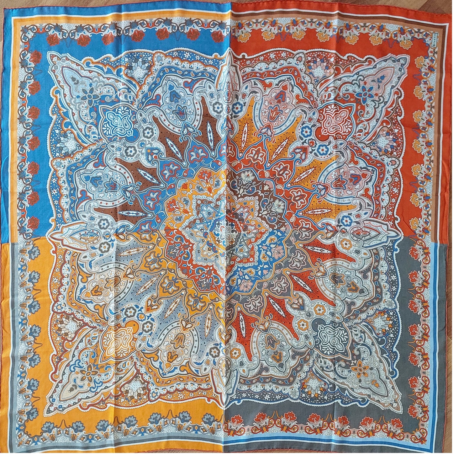 Great Gift Woman Shawl Light Weight 4 Squares Design Blue Grey Orange Red Colours Hand rolled Great Gift for Her