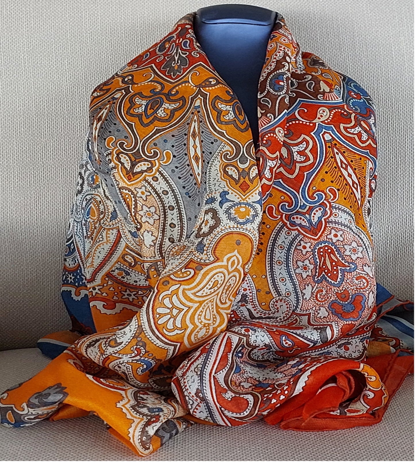 Great Gift Woman Shawl Light Weight 4 Squares Design Blue Grey Orange Red Colours Hand rolled Great Gift for Her