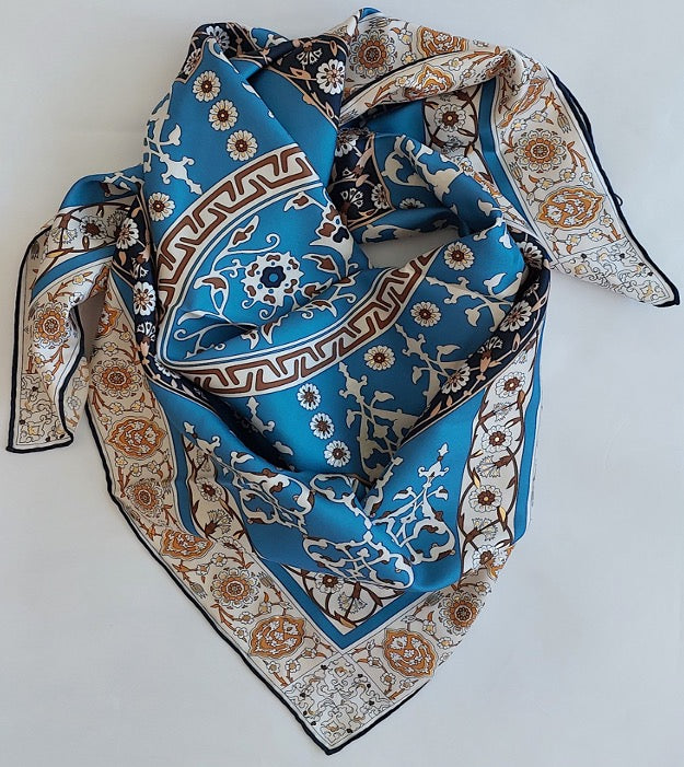 Woman Silk Scarf Geometric design Blue and White Gold Colors Hand rolled Stitch Great Gift for her in a beautiful box