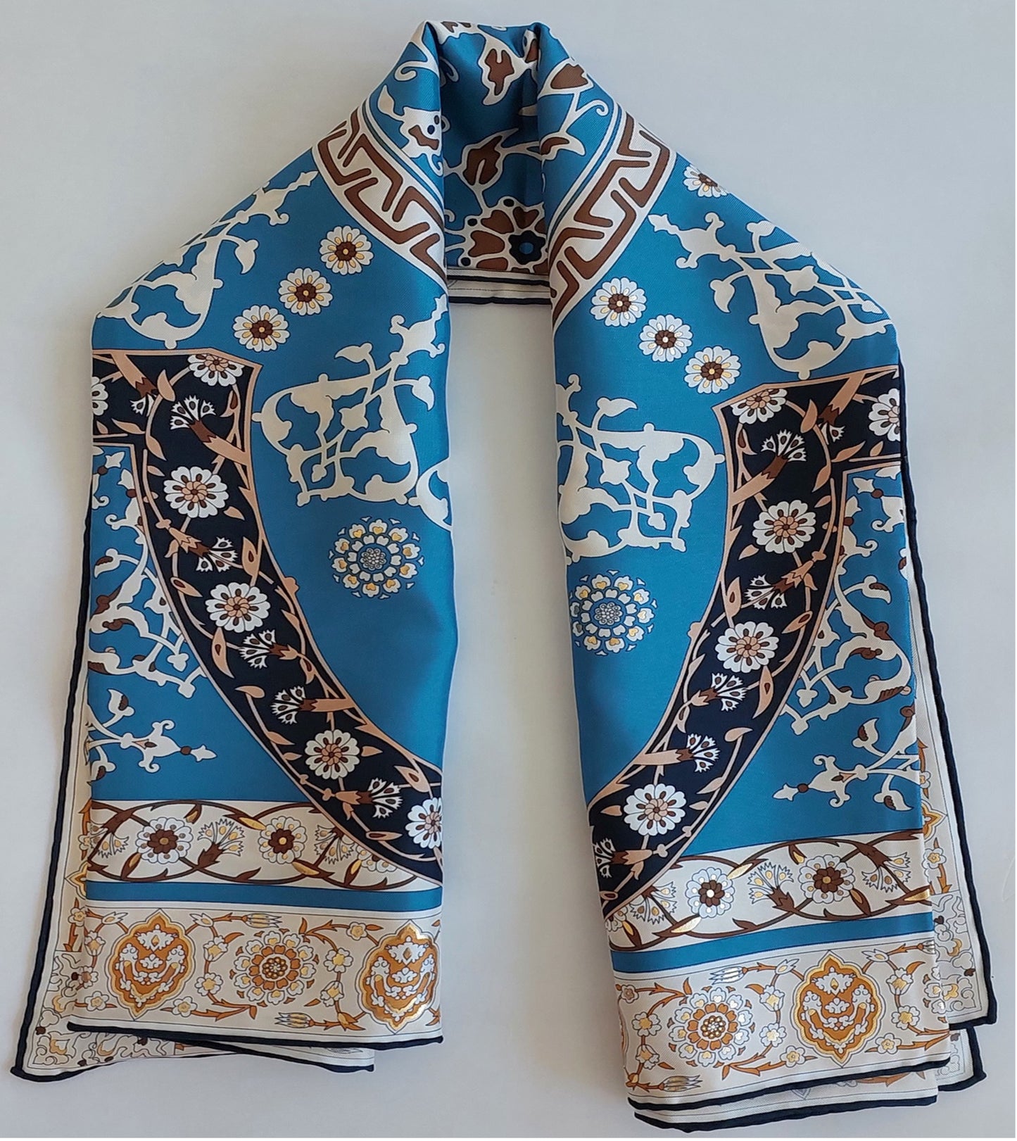 Woman Silk Scarf Geometric design Blue and White Gold Colors Hand rolled Stitch Great Gift for her in a beautiful box