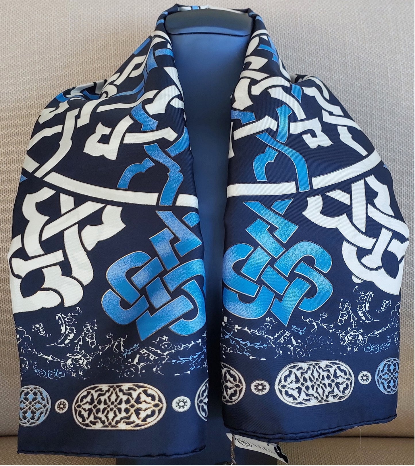 Woman 100% Silk Scarf Geometric design Blue White Navy Blue Colors Hand rolled stitch Great Gift for her in a beautiful box