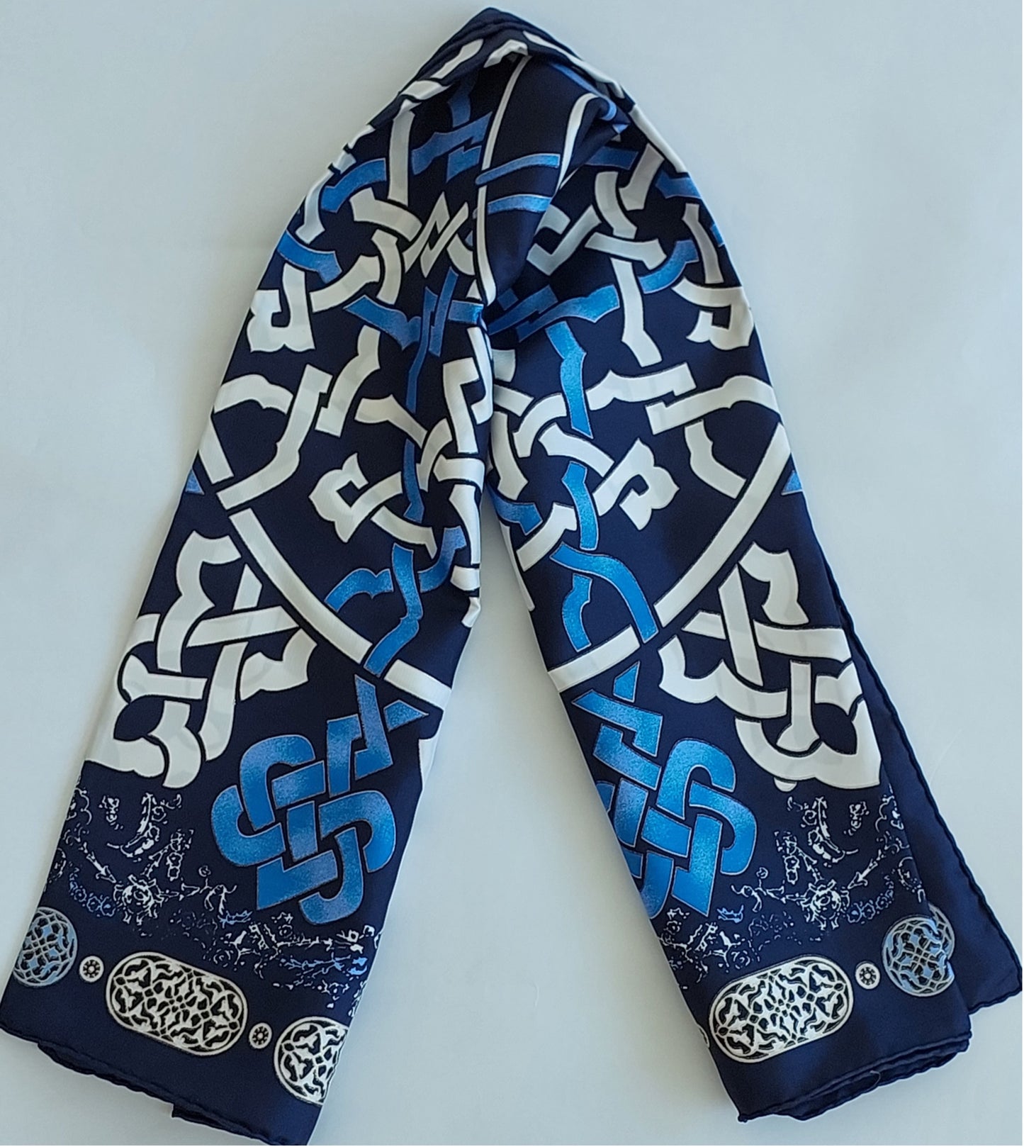Woman 100% Silk Scarf Geometric design Blue White Navy Blue Colors Hand rolled stitch Great Gift for her in a beautiful box