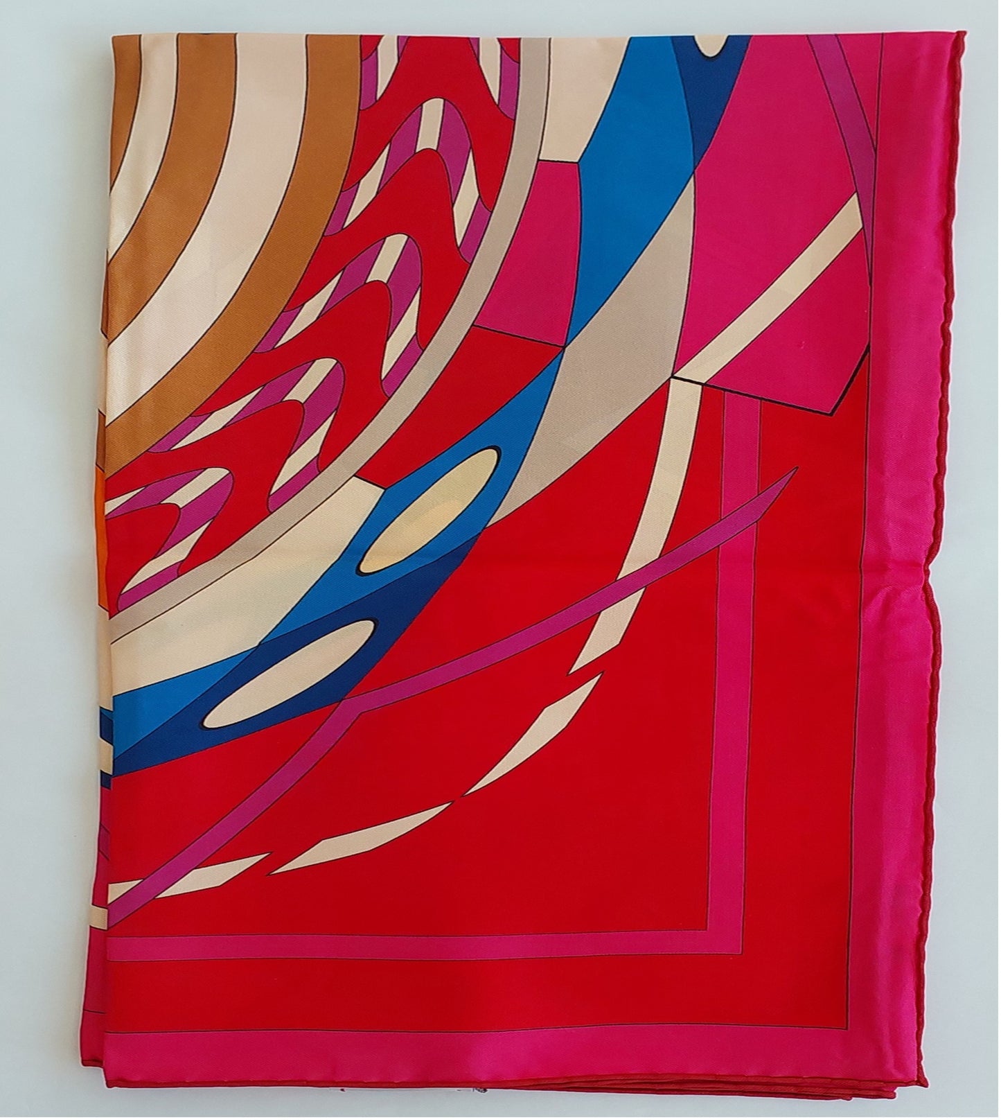 Woman 100% Silk Scarf Geometric design Circles Fuchsia Red Blue Colours Hand Rolled Edges Designer Style Great Gift for Her in a box