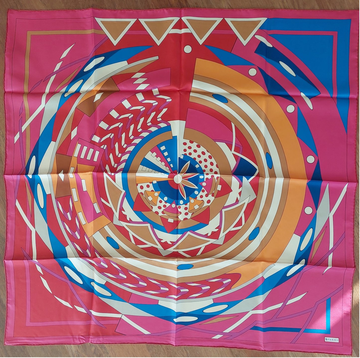 Woman 100% Silk Scarf Geometric design Circles Fuchsia Red Blue Colours Hand Rolled Edges Designer Style Great Gift for Her in a box