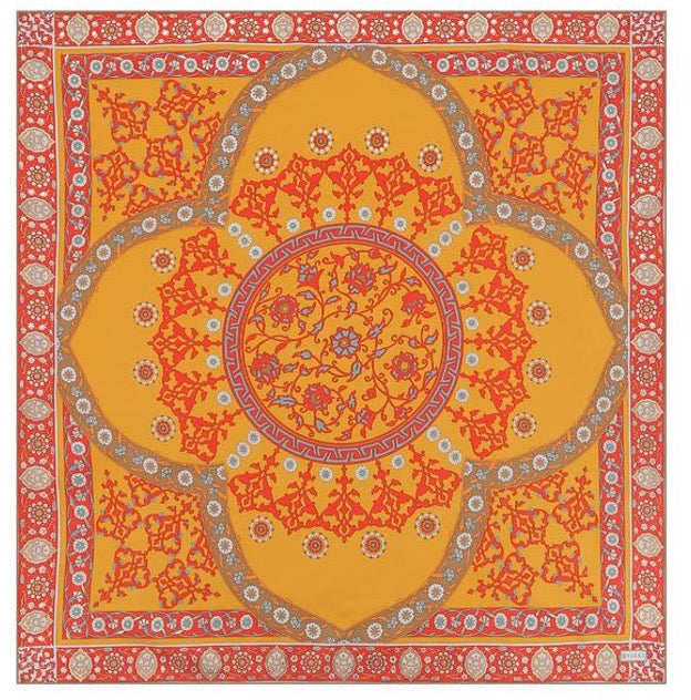 Woman 100% Silk Scarf Geometric design Orange Red Gold Colors Hand rolled Great Gift for Her in a box