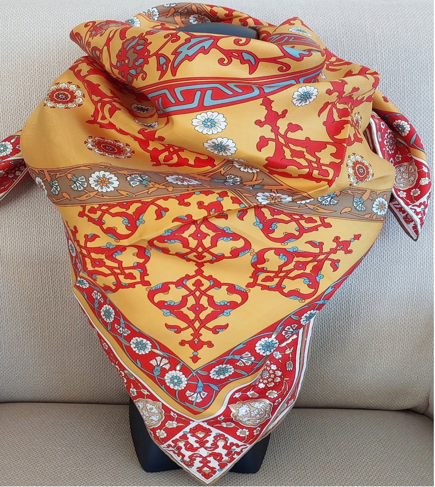 Woman 100% Silk Scarf Geometric design Orange Red Gold Colors Hand rolled Great Gift for Her in a box