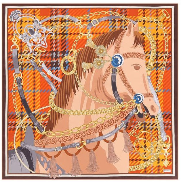 Woman 100% Silk Scarf Horse design Brown and Orange Grey Gold Colours Hand rolled edges Designer Style Great Gift for Her