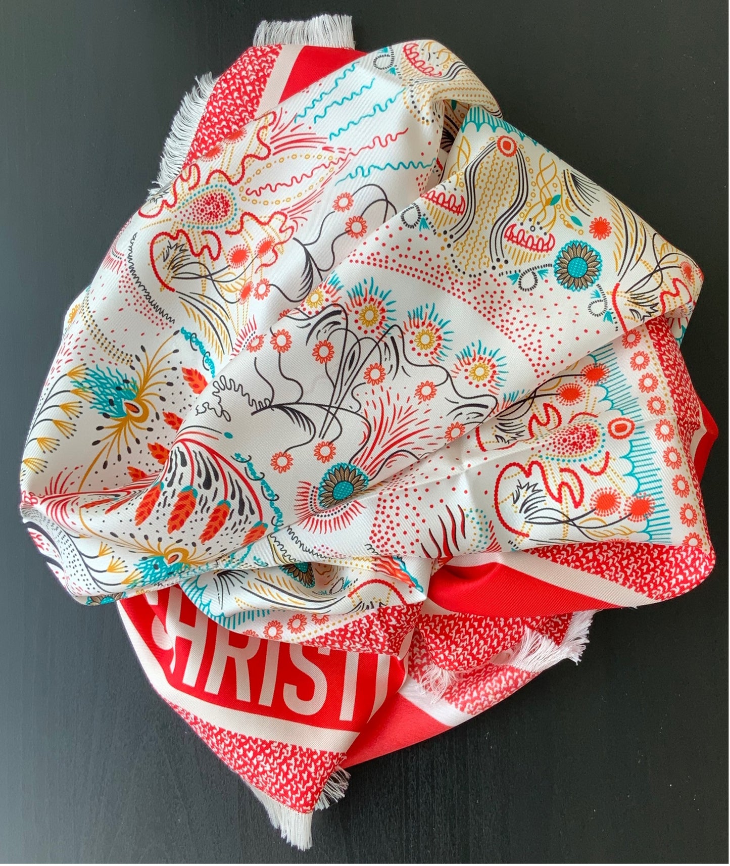 Woman Pre-Loved  Pre-Owned Scarf Silk Vintage Christian Dior "Abstract Leaf Design" Red Cream Carré de soie Pastel Colors